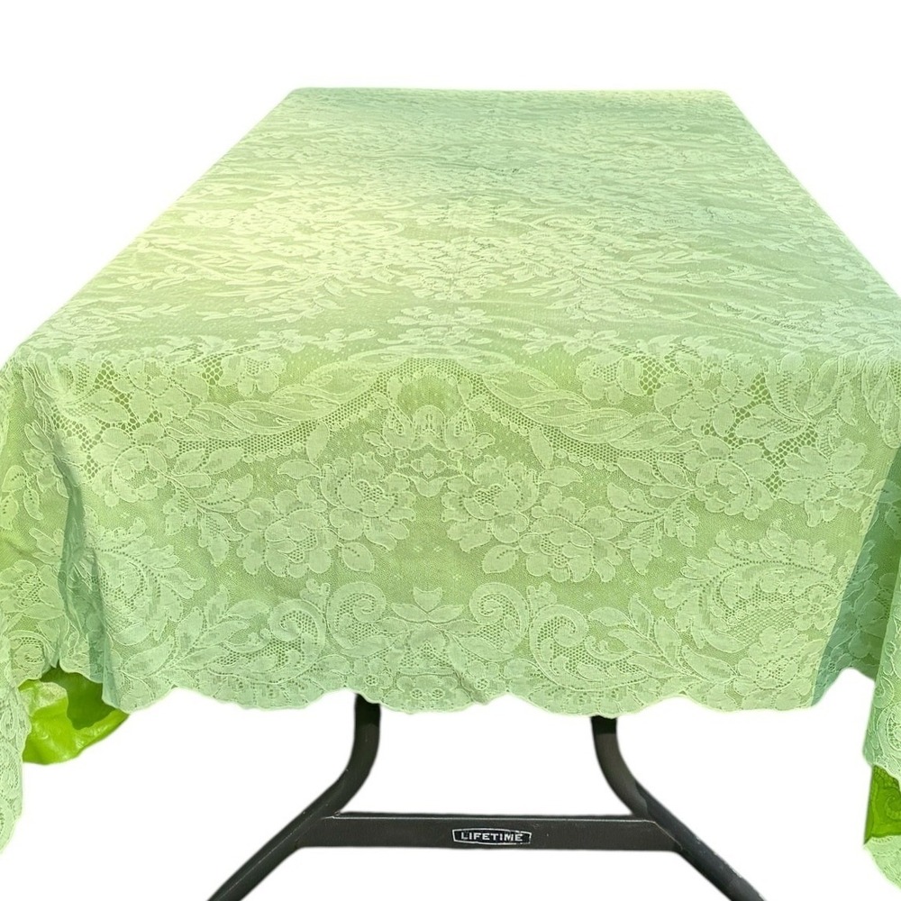 Vintage Plastic Sage Green Lace Floral Tablecloth Scalloped Rectangular 57"x 88"
